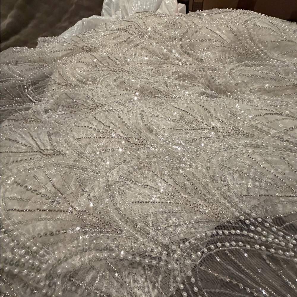 Beaded White Evening/Gown Fabric - Sparkling Sequin Embellishment